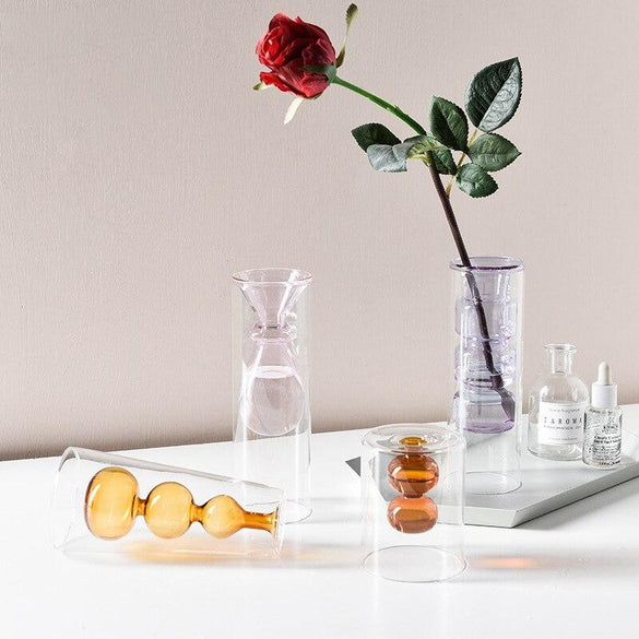 Strongwell Nordic Double-Layer Stained Glass Vase Hydroponic Flower Vase Home Decoration Christmas Gift Wedding Desk Decoration