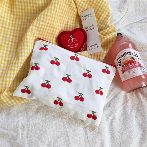 SIXONE INS Canvas Cherry Embroidery Pencil Case Cosmetic Bag Korean Kawaii Storage Bag Concise Cute Student Пенал Stationery