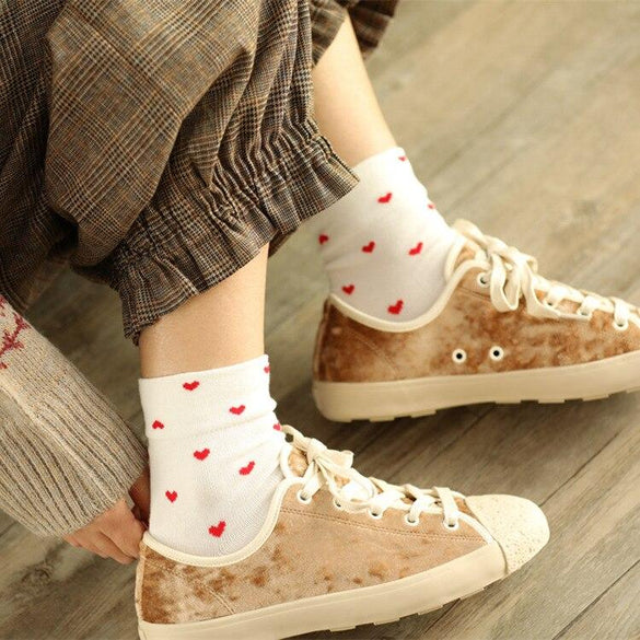 Adult Size Soft Red Hearts Short Socks Loyal Royal Lady Silken Pure True Love Rib Patterning Mecerized Cotton Spring 2020 New