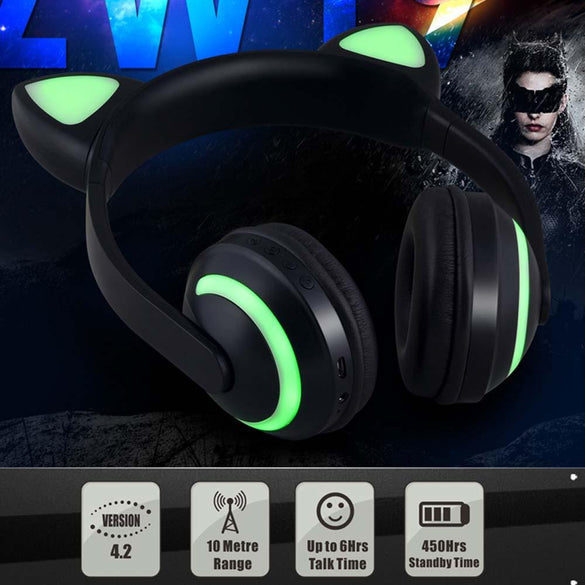 JINSERTA Wireless Bluetooth Cat Ear Headphones Seven kinds LED light Flashing Glowing Cosplay Fancy Cat Earphone gifts