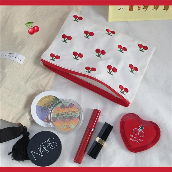 SIXONE INS Canvas Cherry Embroidery Pencil Case Cosmetic Bag Korean Kawaii Storage Bag Concise Cute Student Пенал Stationery