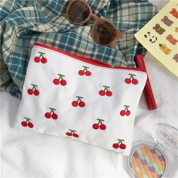 SIXONE INS Canvas Cherry Embroidery Pencil Case Cosmetic Bag Korean Kawaii Storage Bag Concise Cute Student Пенал Stationery