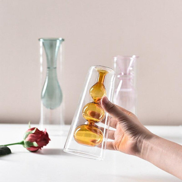 Strongwell Nordic Double-Layer Stained Glass Vase Hydroponic Flower Vase Home Decoration Christmas Gift Wedding Desk Decoration