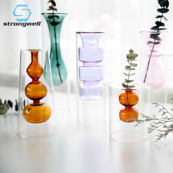 Strongwell Nordic Double-Layer Stained Glass Vase Hydroponic Flower Vase Home Decoration Christmas Gift Wedding Desk Decoration