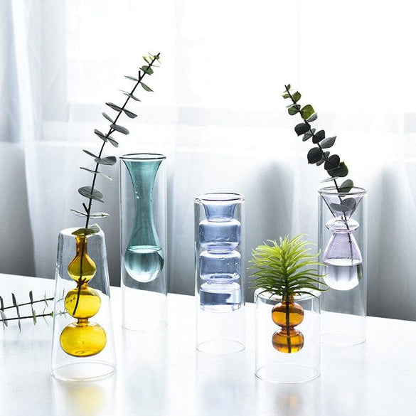 Strongwell Nordic Double-Layer Stained Glass Vase Hydroponic Flower Vase Home Decoration Christmas Gift Wedding Desk Decoration