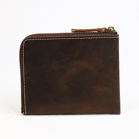 Genuine Leather Men Wallet Crazy Horse Handmade Male Purse Short Vintage Zipper Small Thin Wallets With Coin Pocket Card Holder