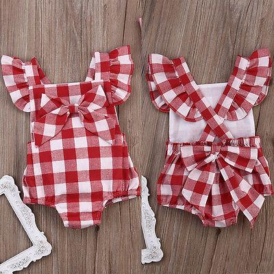 New Fashion British Style Red Plaid Baby Girls Bodysuit Jumpsuit Plaid Back Cross Short Sleeve Baby Girls Clothes Red 0-18M