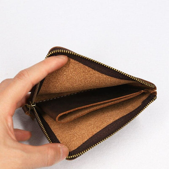 Genuine Leather Men Wallet Crazy Horse Handmade Male Purse Short Vintage Zipper Small Thin Wallets With Coin Pocket Card Holder