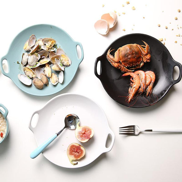 1 PC European Style Dinner Plates Matte Glazed Ceramic Round Dishes with Double Handles Steak Pasta Dessert Plates 3 Colors