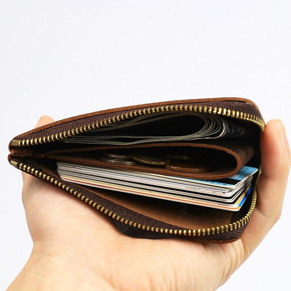 Genuine Leather Men Wallet Crazy Horse Handmade Male Purse Short Vintage Zipper Small Thin Wallets With Coin Pocket Card Holder