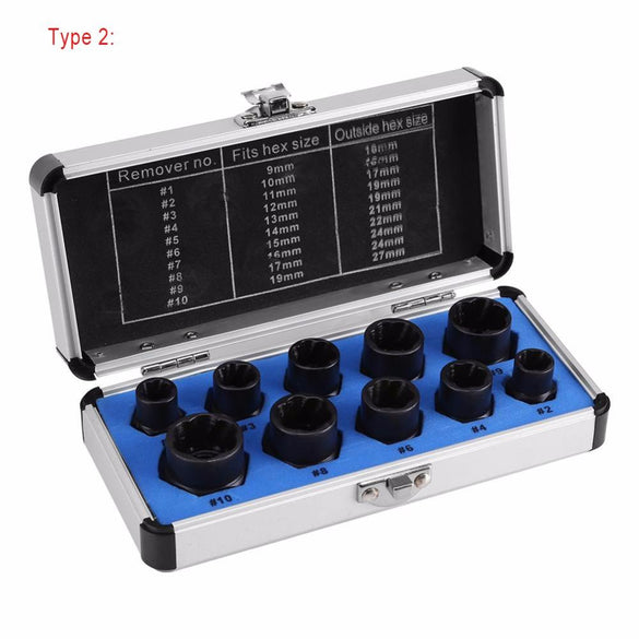10Pcs Damaged Bolt Nut Screw Remover Extractor Removal Set Nut Removal Socket Tool Threading Hand Tools Kit With Box Hot Sale