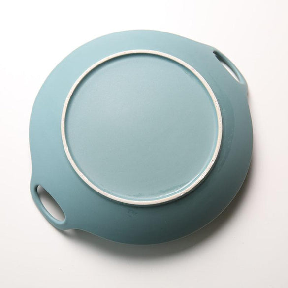 1 PC European Style Dinner Plates Matte Glazed Ceramic Round Dishes with Double Handles Steak Pasta Dessert Plates 3 Colors