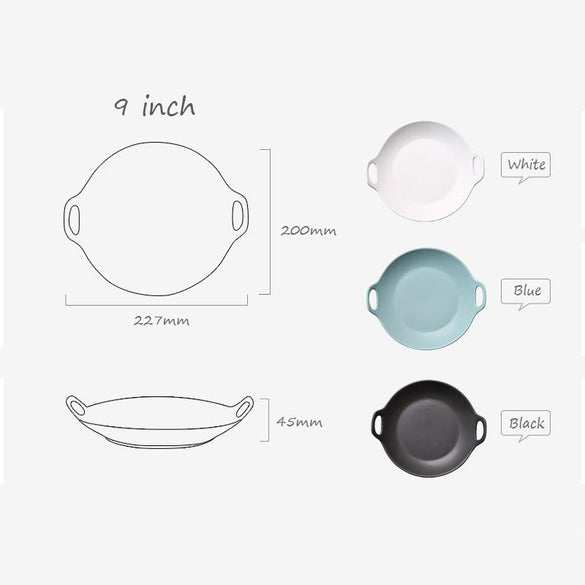 1 PC European Style Dinner Plates Matte Glazed Ceramic Round Dishes with Double Handles Steak Pasta Dessert Plates 3 Colors