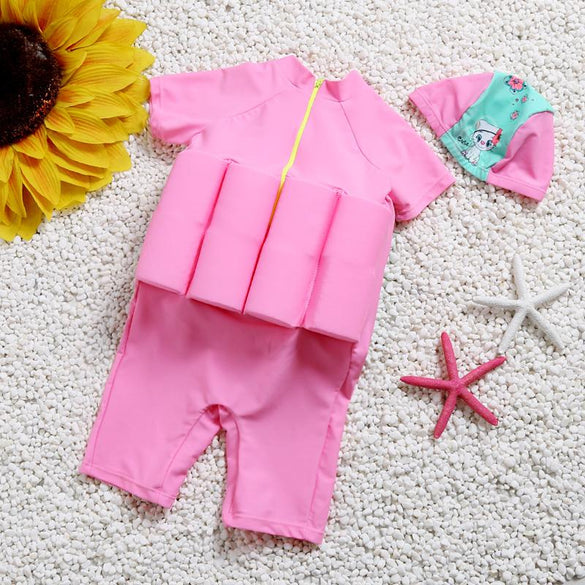 Children swimwear Girl&Boy Swim One-Piece Suit Detachable Floating Swimsuit Kids Zipper Life Vest Buofancy Swimming Suit Caps