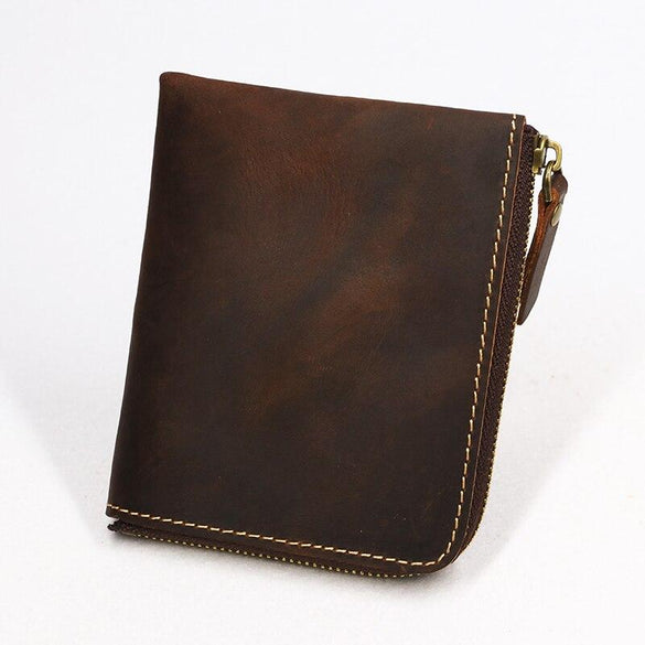 Genuine Leather Men Wallet Crazy Horse Handmade Male Purse Short Vintage Zipper Small Thin Wallets With Coin Pocket Card Holder