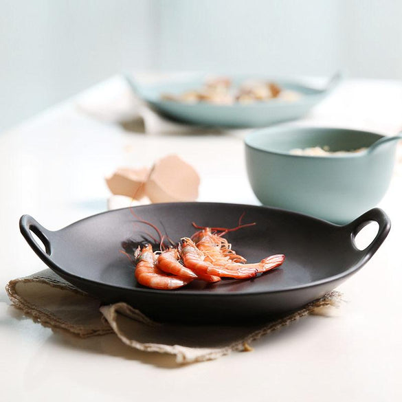 1 PC European Style Dinner Plates Matte Glazed Ceramic Round Dishes with Double Handles Steak Pasta Dessert Plates 3 Colors