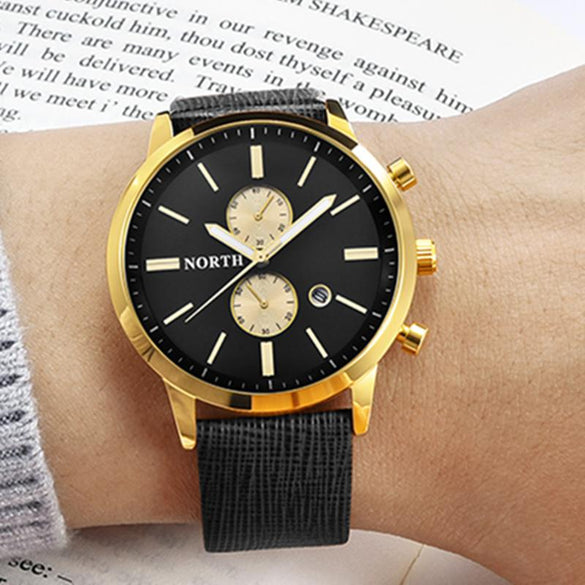 NORTH Mens Watches Top Brand Luxury Quartz Gold Watch Men Casual Leather Military Waterproof Sport Wrist Watch Relogio Masculino