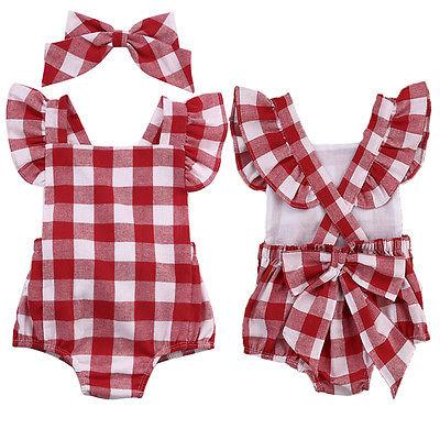 New Fashion British Style Red Plaid Baby Girls Bodysuit Jumpsuit Plaid Back Cross Short Sleeve Baby Girls Clothes Red 0-18M